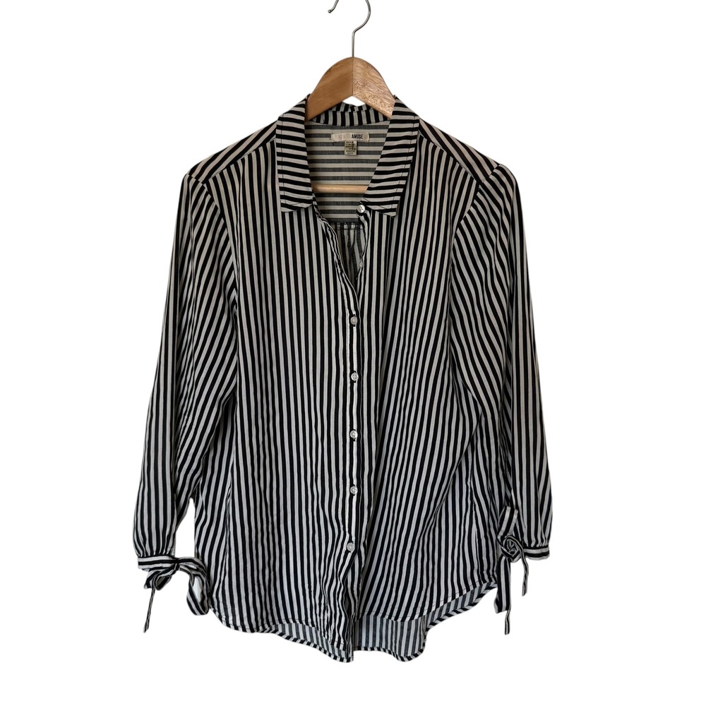 Amuse Society Button Down Women M Black White Stripe Tie Cuff Excellent Top